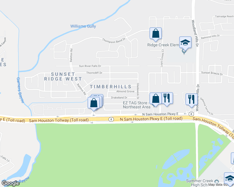 map of restaurants, bars, coffee shops, grocery stores, and more near 10926 Almond Grove Drive in Humble