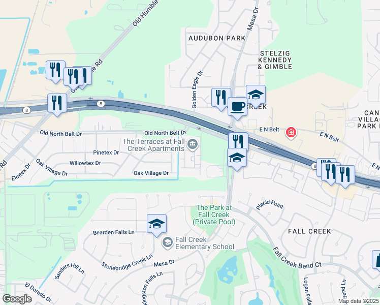 map of restaurants, bars, coffee shops, grocery stores, and more near 7800 North Sam Houston Parkway East in Humble