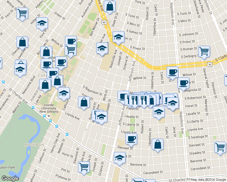 map of restaurants, bars, coffee shops, grocery stores, and more near 2319 Joseph Street in New Orleans