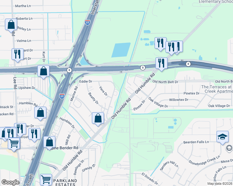 map of restaurants, bars, coffee shops, grocery stores, and more near 15012 Eddie Drive in Humble