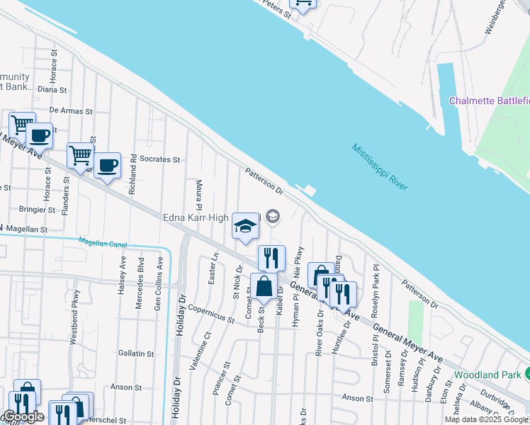 map of restaurants, bars, coffee shops, grocery stores, and more near 4444 General Meyer Avenue in New Orleans