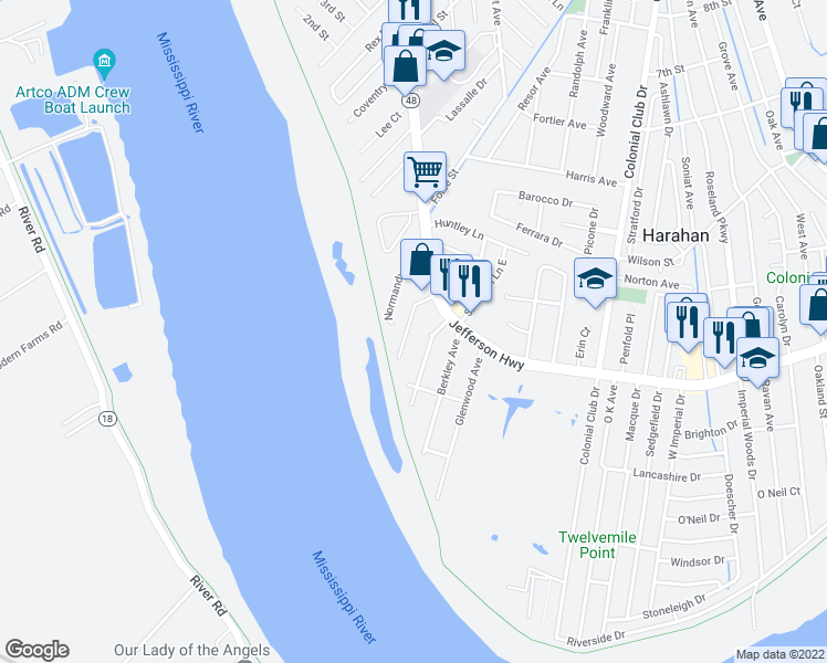 map of restaurants, bars, coffee shops, grocery stores, and more near 172 Park Avenue in Harahan