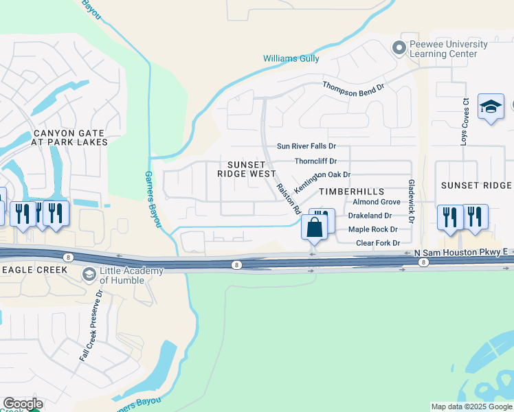 map of restaurants, bars, coffee shops, grocery stores, and more near 10531 Harbor Canyon Drive in Humble