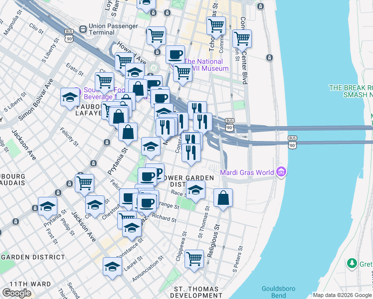 map of restaurants, bars, coffee shops, grocery stores, and more near 1325 Annunciation Street in New Orleans