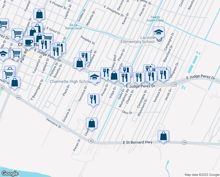 map of restaurants, bars, coffee shops, grocery stores, and more near 2512 Riverland Drive in Chalmette