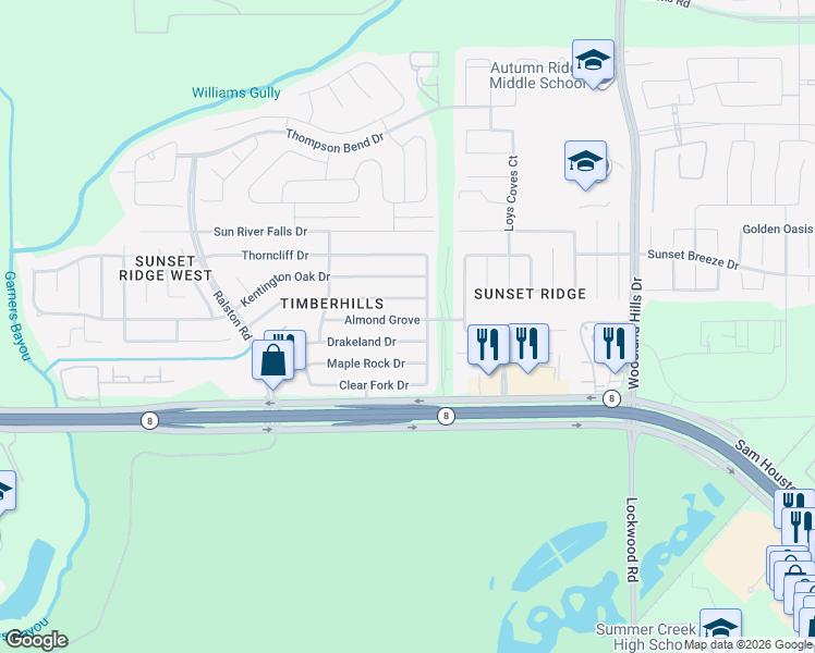 map of restaurants, bars, coffee shops, grocery stores, and more near 11110 Almond Grove Drive in Humble
