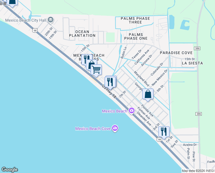 map of restaurants, bars, coffee shops, grocery stores, and more near 800 U.S. 98 in Mexico Beach