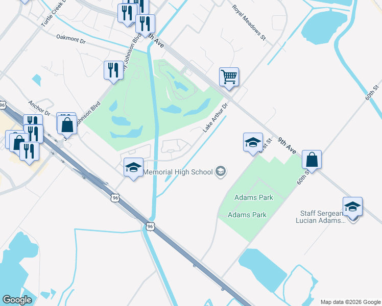 map of restaurants, bars, coffee shops, grocery stores, and more near 3400 Lake Arthur Drive in Port Arthur
