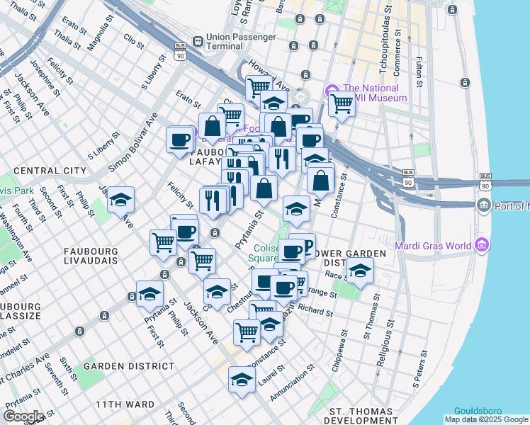 map of restaurants, bars, coffee shops, grocery stores, and more near in New Orleans