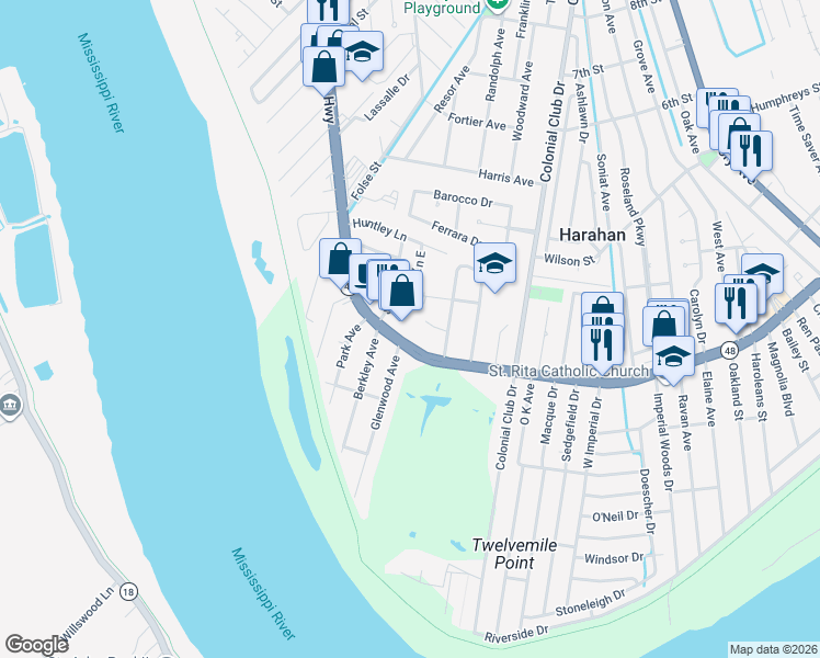 map of restaurants, bars, coffee shops, grocery stores, and more near 8225 Jefferson Highway in Harahan