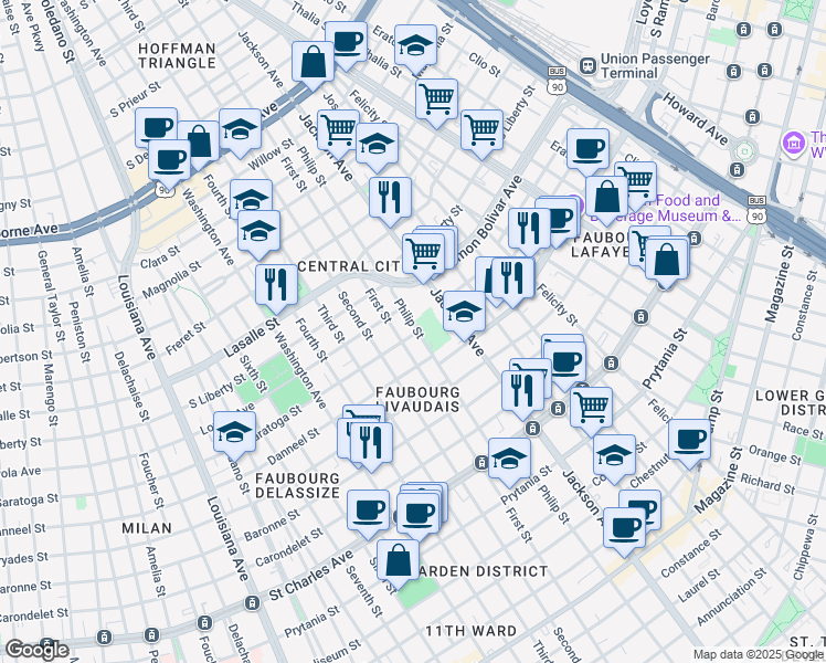 map of restaurants, bars, coffee shops, grocery stores, and more near 2037 First Street in New Orleans