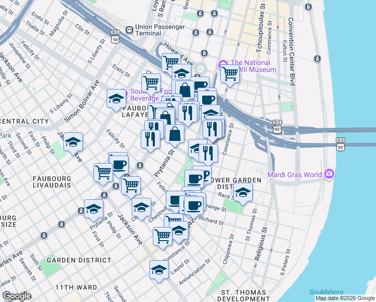 map of restaurants, bars, coffee shops, grocery stores, and more near 1401 Terpsichore Street in New Orleans