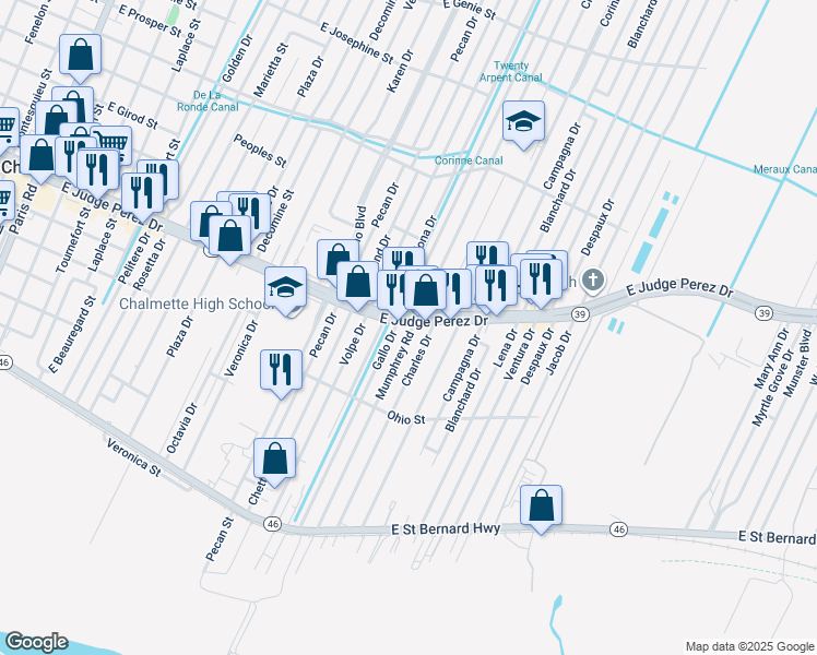 map of restaurants, bars, coffee shops, grocery stores, and more near 2521 Mumphrey Road in Chalmette