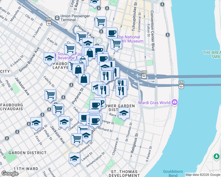 map of restaurants, bars, coffee shops, grocery stores, and more near 1341 Constance Street in New Orleans