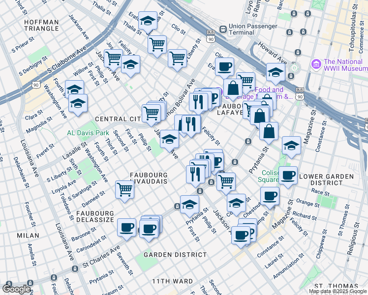 map of restaurants, bars, coffee shops, grocery stores, and more near 2124 Oretha Castle Haley Boulevard in New Orleans