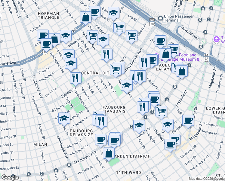 map of restaurants, bars, coffee shops, grocery stores, and more near 2037 First Street in New Orleans