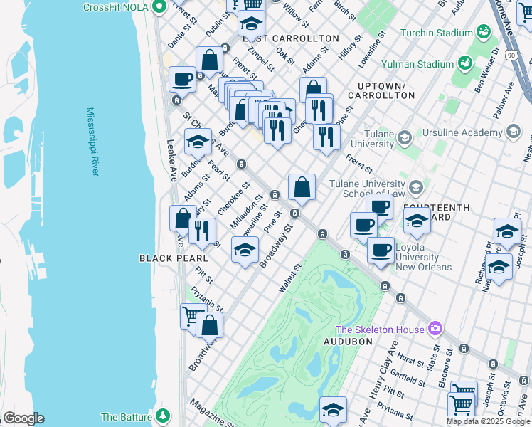 map of restaurants, bars, coffee shops, grocery stores, and more near 537 Lowerline Street in New Orleans