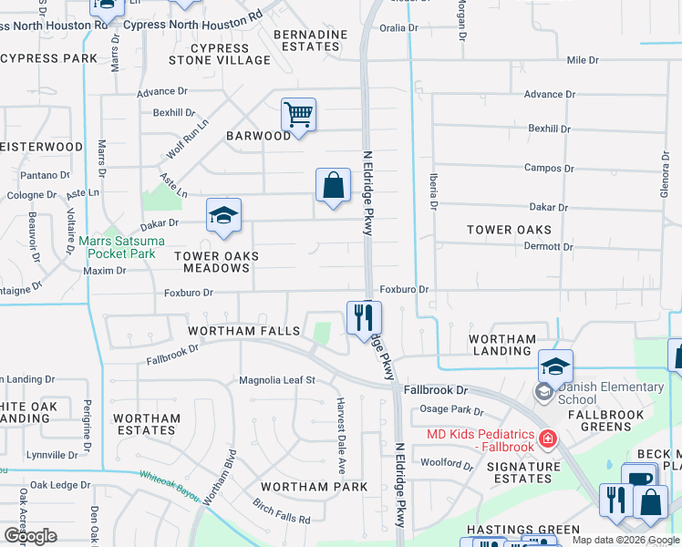 map of restaurants, bars, coffee shops, grocery stores, and more near 12410 Foxburo Drive in Houston