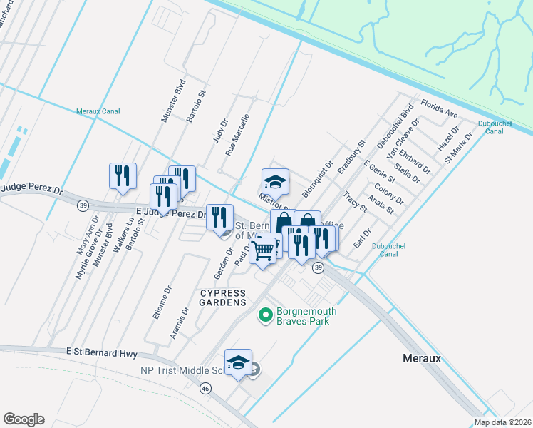 map of restaurants, bars, coffee shops, grocery stores, and more near 4105 East Judge Perez Drive in Meraux