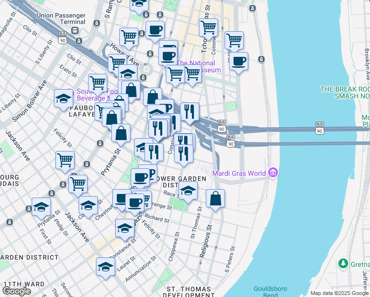 map of restaurants, bars, coffee shops, grocery stores, and more near 1325 Annunciation Street in New Orleans