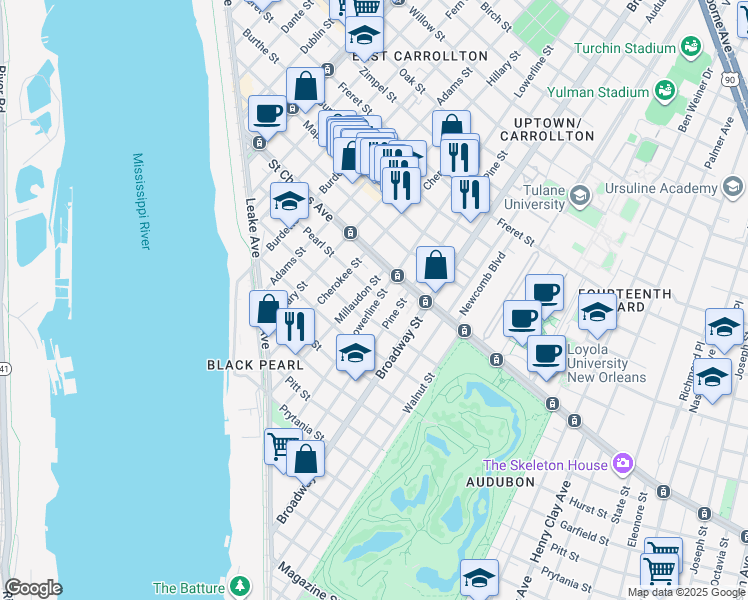 map of restaurants, bars, coffee shops, grocery stores, and more near 538 Lowerline Street in New Orleans