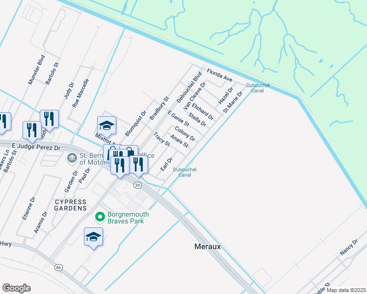map of restaurants, bars, coffee shops, grocery stores, and more near 2916 Earl Drive in Meraux