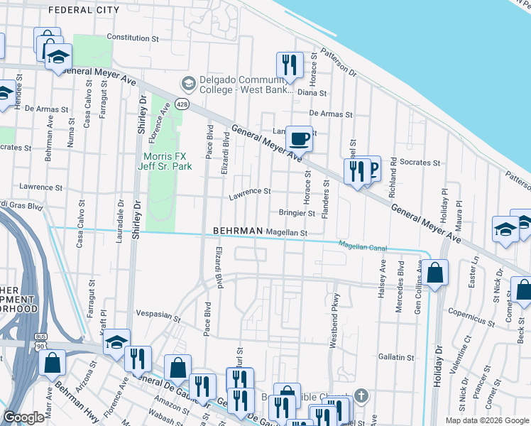map of restaurants, bars, coffee shops, grocery stores, and more near 1723 Tita Street in New Orleans