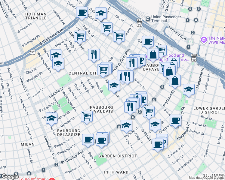 map of restaurants, bars, coffee shops, grocery stores, and more near 2220 Danneel Street in New Orleans