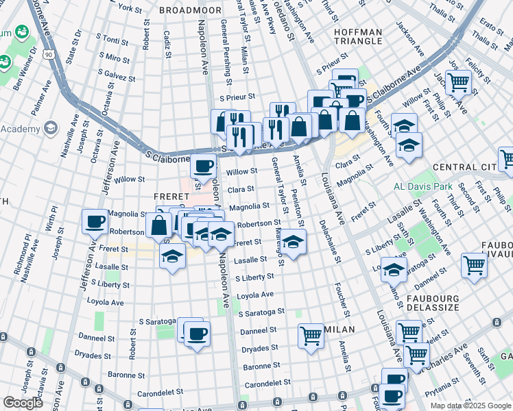 map of restaurants, bars, coffee shops, grocery stores, and more near 2629 Milan Street in New Orleans