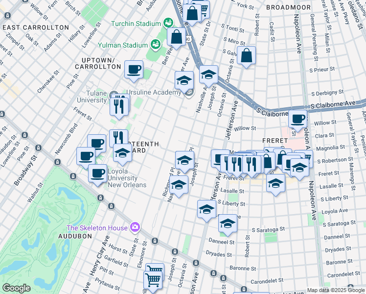 map of restaurants, bars, coffee shops, grocery stores, and more near 2308 Wirth Place in New Orleans