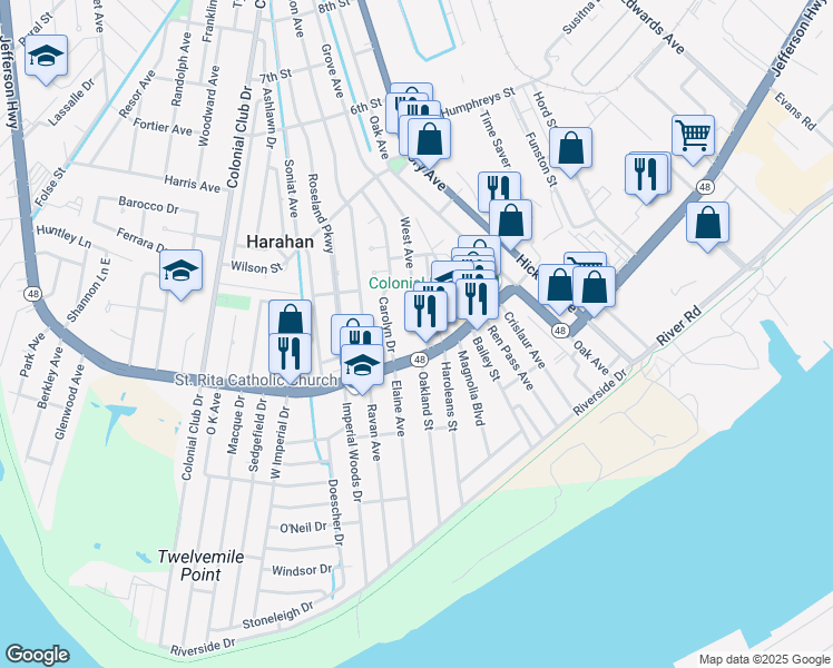 map of restaurants, bars, coffee shops, grocery stores, and more near 6901 Jefferson Highway in Harahan