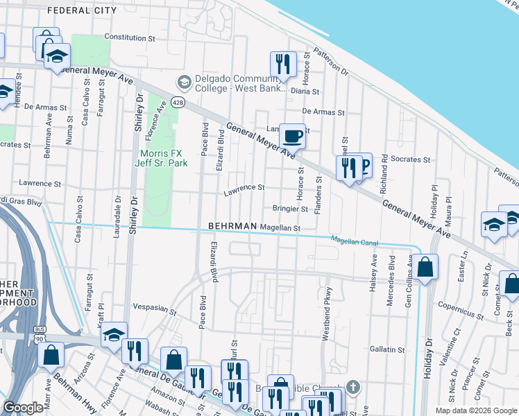 map of restaurants, bars, coffee shops, grocery stores, and more near 1723 Tita Street in New Orleans