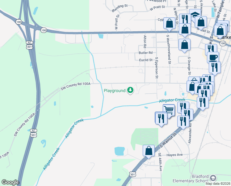 map of restaurants, bars, coffee shops, grocery stores, and more near 1240 Edwards Road in Starke