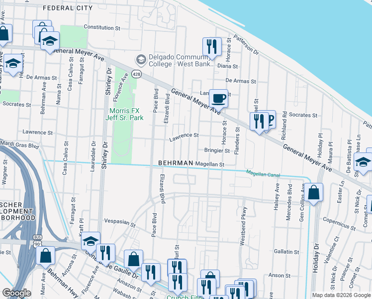 map of restaurants, bars, coffee shops, grocery stores, and more near 1669 Southlawn Boulevard in New Orleans
