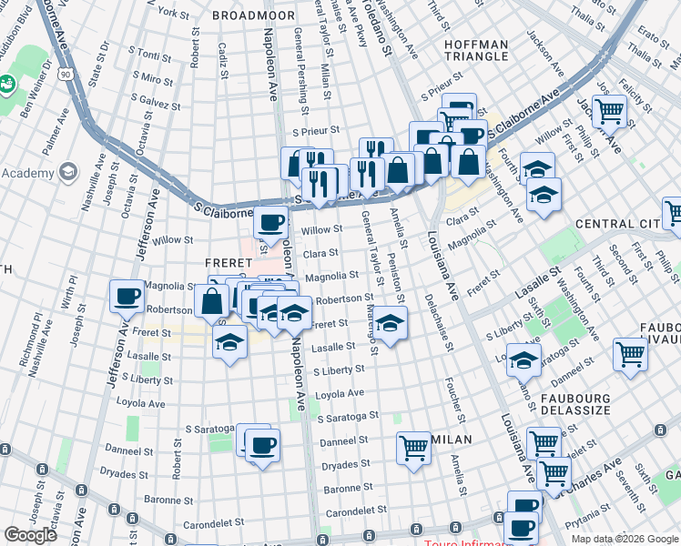 map of restaurants, bars, coffee shops, grocery stores, and more near 2629 Milan Street in New Orleans