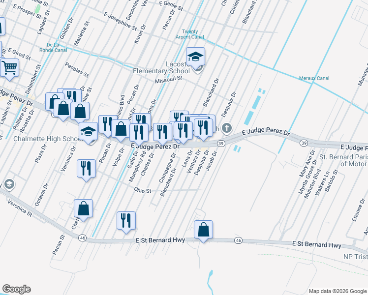 map of restaurants, bars, coffee shops, grocery stores, and more near 1912 E Judge Perez Dr in Chalmette