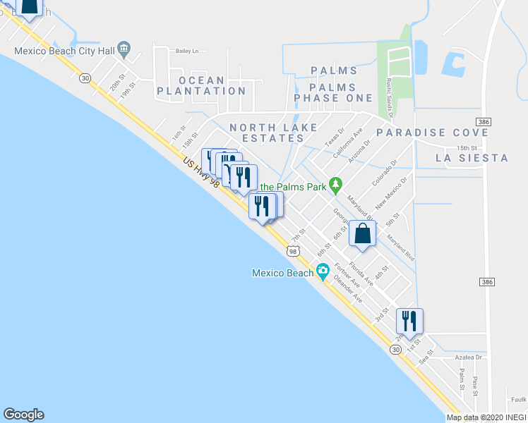 map of restaurants, bars, coffee shops, grocery stores, and more near 800 U.S. 98 in Mexico Beach