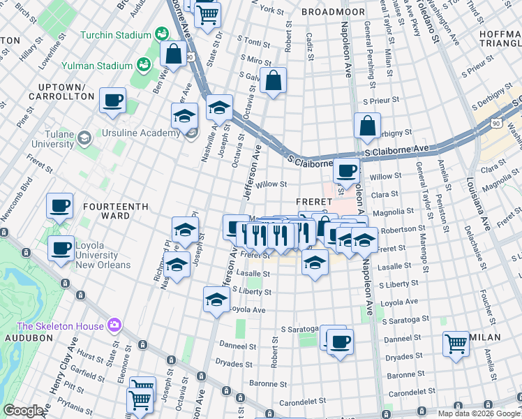 map of restaurants, bars, coffee shops, grocery stores, and more near 5101 Magnolia Street in New Orleans