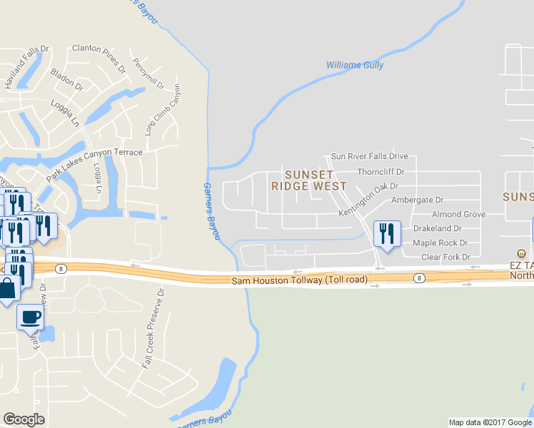 map of restaurants, bars, coffee shops, grocery stores, and more near 10202 Kentington Oak Drive in Humble