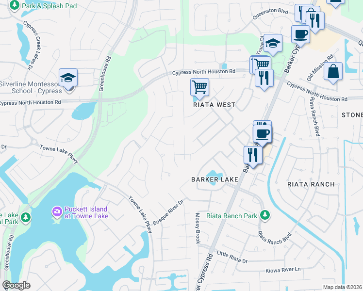 map of restaurants, bars, coffee shops, grocery stores, and more near 10806 Dawn River Court in Cypress