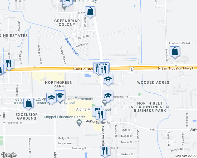 map of restaurants, bars, coffee shops, grocery stores, and more near 1950 North Sam Houston Parkway East in Houston