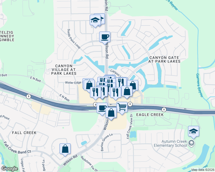 map of restaurants, bars, coffee shops, grocery stores, and more near 4745 Wilson Road in Humble
