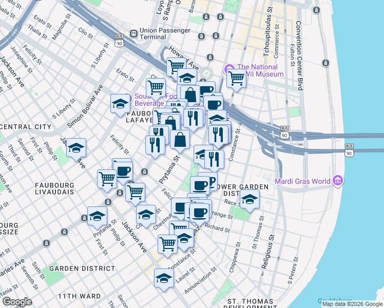 map of restaurants, bars, coffee shops, grocery stores, and more near in New Orleans