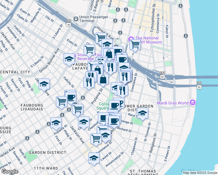 map of restaurants, bars, coffee shops, grocery stores, and more near in New Orleans