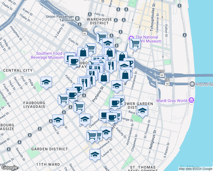 map of restaurants, bars, coffee shops, grocery stores, and more near in New Orleans