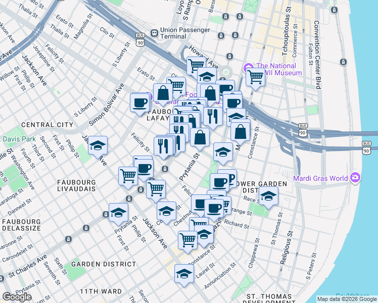 map of restaurants, bars, coffee shops, grocery stores, and more near in New Orleans