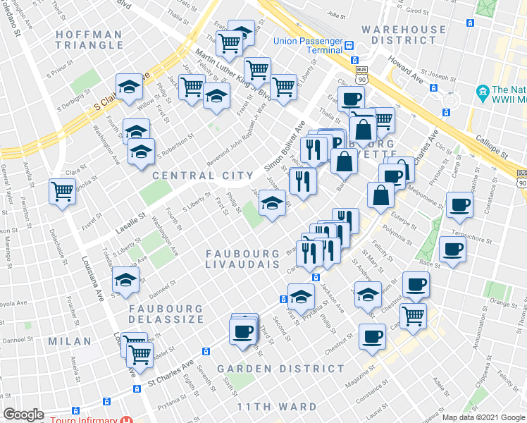 map of restaurants, bars, coffee shops, grocery stores, and more near 2220 Danneel Street in New Orleans