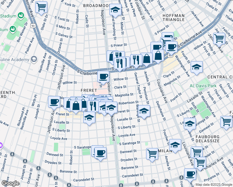 map of restaurants, bars, coffee shops, grocery stores, and more near 2630 General Pershing Street in New Orleans