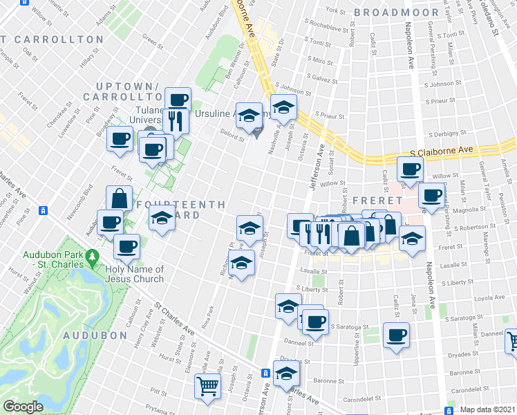 map of restaurants, bars, coffee shops, grocery stores, and more near 2308 Wirth Place in New Orleans