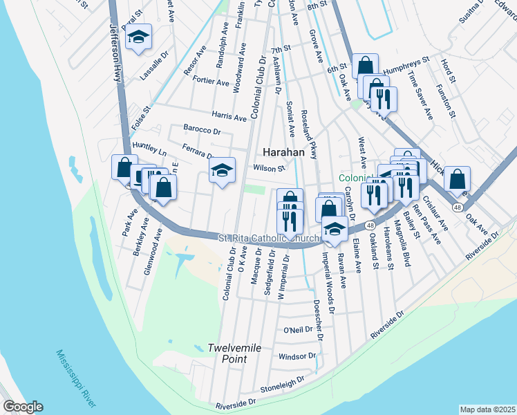 map of restaurants, bars, coffee shops, grocery stores, and more near 237 Anthony Avenue in Harahan